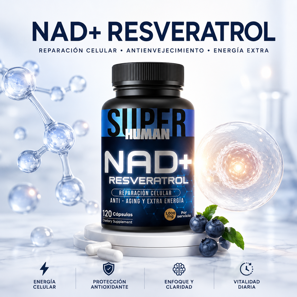 NAD + Resveratrol - Cápsulas de Reparación Celular Antienvejecimiento y Energía Extra.